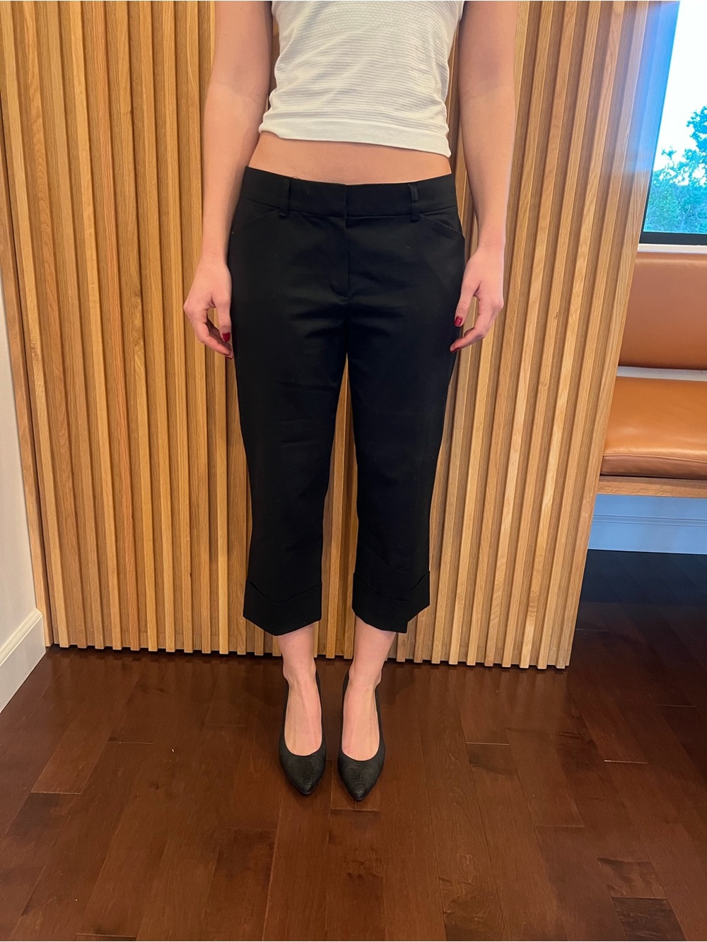 Tahari low-waisted Cropped Black Dress Pants with Cream Waistband Trim